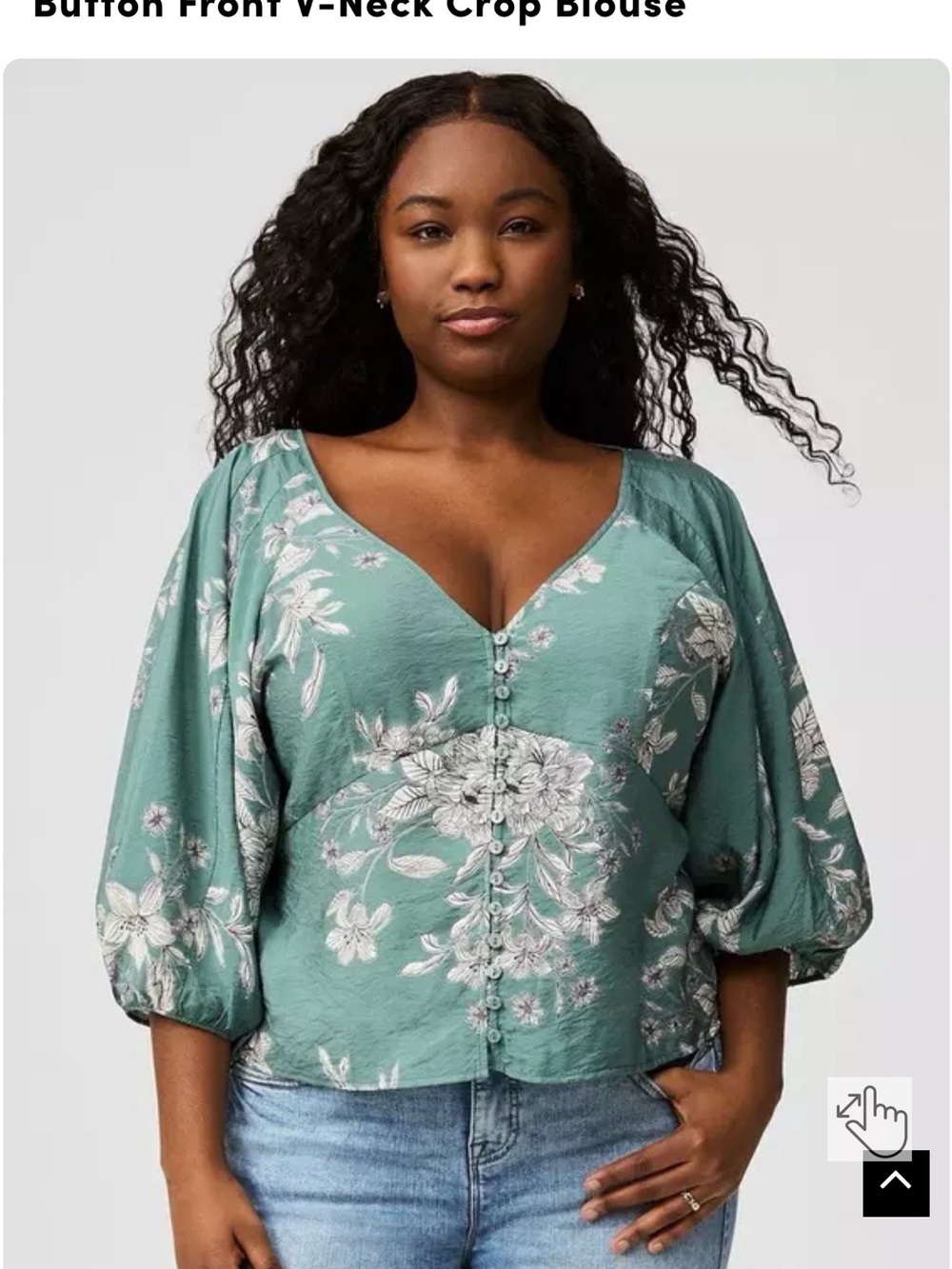 Torrid Button Front V-Neck Crop Blouse - Green Floral